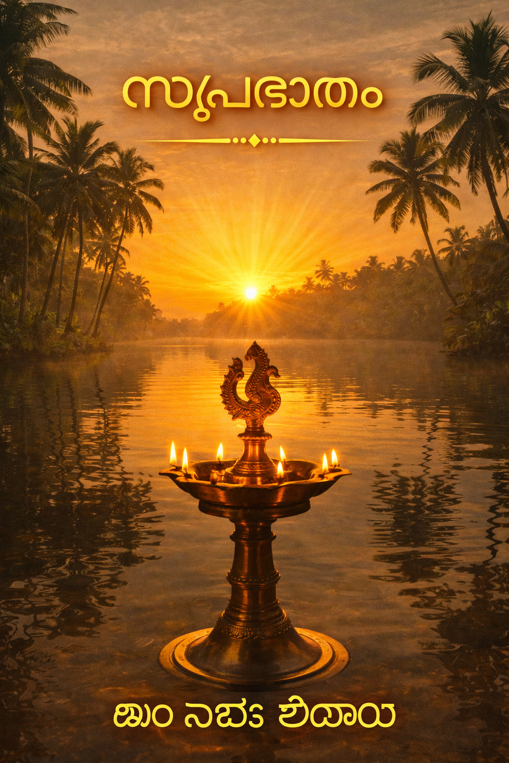 Suprabhatham Malayalam good morning — sunrise over Kerala backwaters with coconut palms and traditional lamp — vertical WhatsApp image